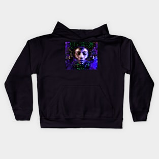 Beautiful girl face, near flowers. Green and violet. Fantasy, sci-fi. Look like robot. Kids Hoodie